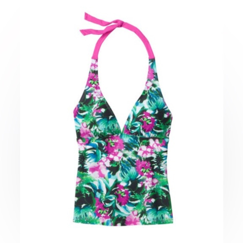 Athleta Women's Halter Tankini Swim Top XS Tie Neck Lined V-Neck Tropical Print